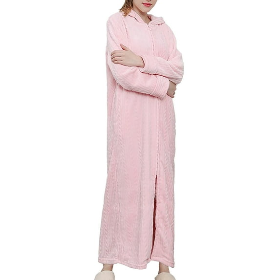 HAPIMO Women's Flannel Hooded Maxi Dress Sleepwear Pajamas Solid Color Spring Long Sleeve Crew Neck Outwear Soft Fleece Nightgown Trendy Girls Pink XL