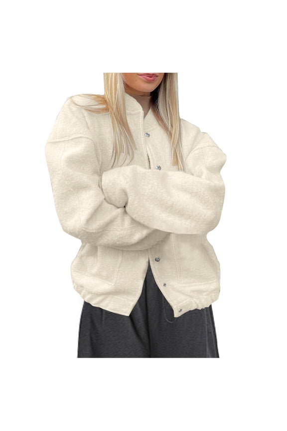 Women's Fleece Coats Casual Long Sleeve Stand Collar Snap Jacket Solid Pocket Outerwear Fall Winter Trendy Clothes White M