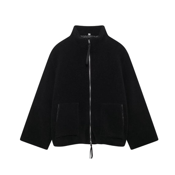 HAPIMO Women's Fleece Jacket Casual Comfy Jacket Long Sleeve Stand Collar Jacket Solid Zip Up Jacket Coat Fall Winter Warm Clothes Black M