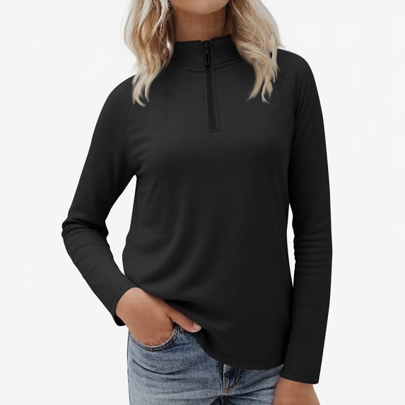 HAPIMO Women's Fleece Jacket Fall Long Sleeve Stand Collar Jacket Oudoor Casual Hiking Jacket Solid Quarter Zip Pullover Jacket Black L