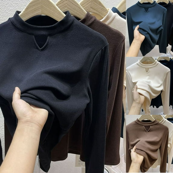HAPIMO Women's Fleece Thermal Shirts Slim Basic Tops Long Sleeve Shirts High Neck Keyhole Blouse Outwear Elegant Casual Workout Solid Color Tees Girls Fashion Brown