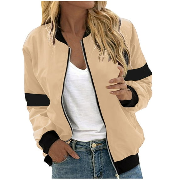 HAPIMO Women's Flight Jacket Fall Casual Coat Color Block Zip Up Jacket Long Sleeve Stand Collar Outerwear Outdoor Hiking Workout Windbreaker Beige L