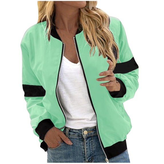HAPIMO Women's Flight Jacket Fall Casual Coat Color Block Zip Up Jacket Long Sleeve Stand Collar Outerwear Outdoor Hiking Workout Windbreaker Green M