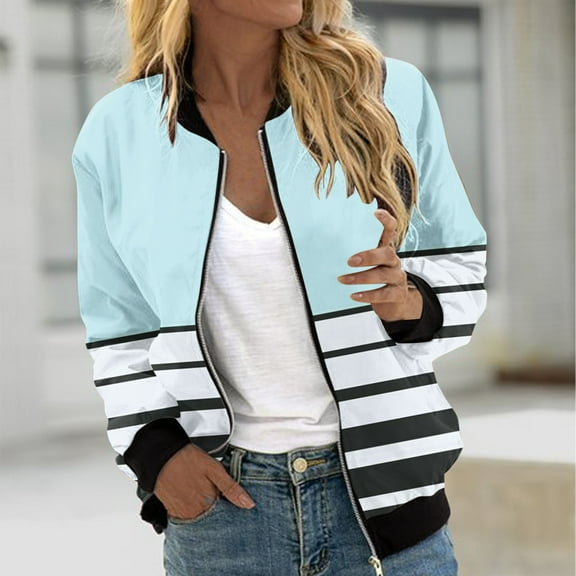 HAPIMO Women's Flight Jacket Fall Casual Jacket Fashion Striped Zip Up Jacket Long Sleeve Stand Collar Coat Outdoor Hiking Windbreaker Sky Blue XXL