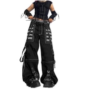 HAPIMO Women's Gothic Wide Leg Cargo Pants with Straps Loose Trousers for Punk Style Club Wear White S