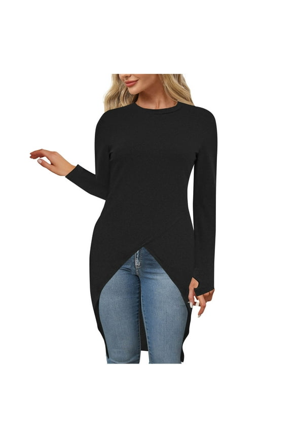 Women's High Low Hem Split Wrap Front Long Sleeve Tunic Long Shirt Blouse Top Black M