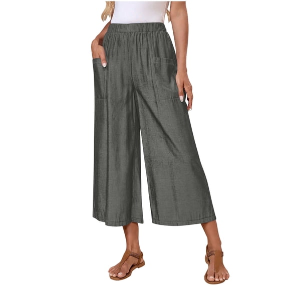 HAPIMO Women's High Waist Pleated Wide Leg Culottes Casual Trousers with Pockets for Beach Outings Gray S