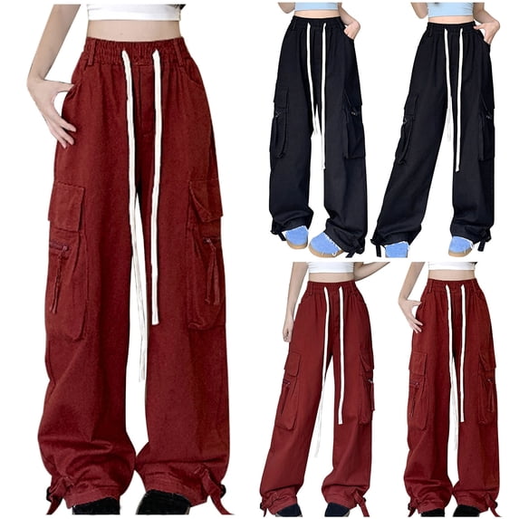 HAPIMO Women's High Waist Straight Leg Pants Loose Cargos Pants for Girls Fall Business Twill Sweatpants Drawstring Teens Workout Casual Trousers Pockets Zipper Spring Black L