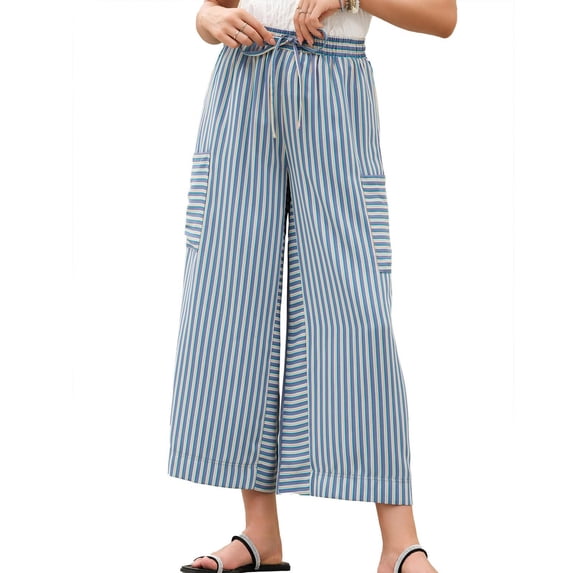 HAPIMO Women's High Waist Wide Leg Pants Lightweight Spring Summer Casual Pants Loose Fit Drawstring Striped Trousers Loungewear Pants Light Blue XXL