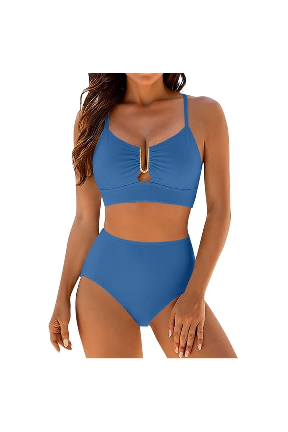 Women's High Waisted Bikini Sets U-Wire Cutout Swimsuits with Bottoms Modest Two Piece Bathing Suit Summer Beach Pool Vacation Sets Blue L