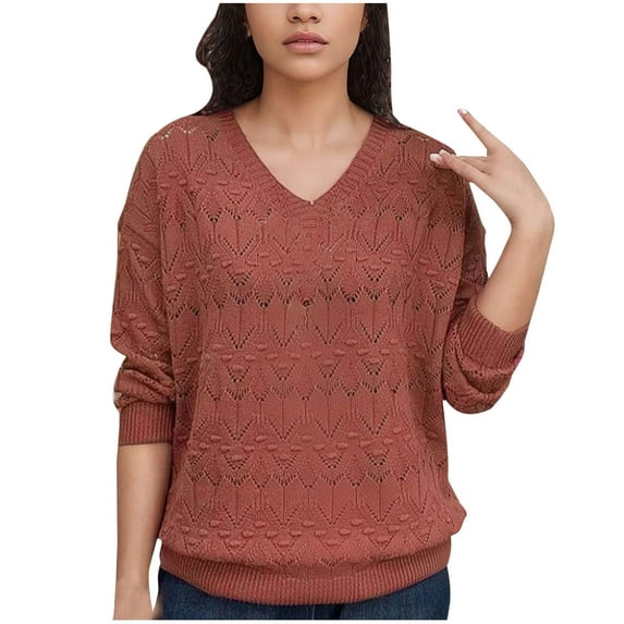 HAPIMO Women's Hollow Leaf V Neck Knit Sweater Long Sleeve Knitting Sweater Loose Pullover Jumper Tops Teen Grils Fashion Clothes Red XL