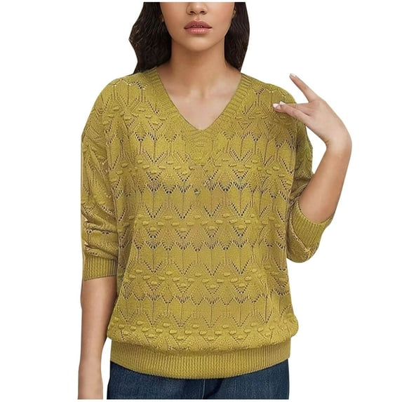 HAPIMO Women's Hollow Leaf V Neck Knit Sweater Long Sleeve Knitting Sweater Loose Pullover Jumper Tops Teen Grils Fashion Clothes Yellow XL