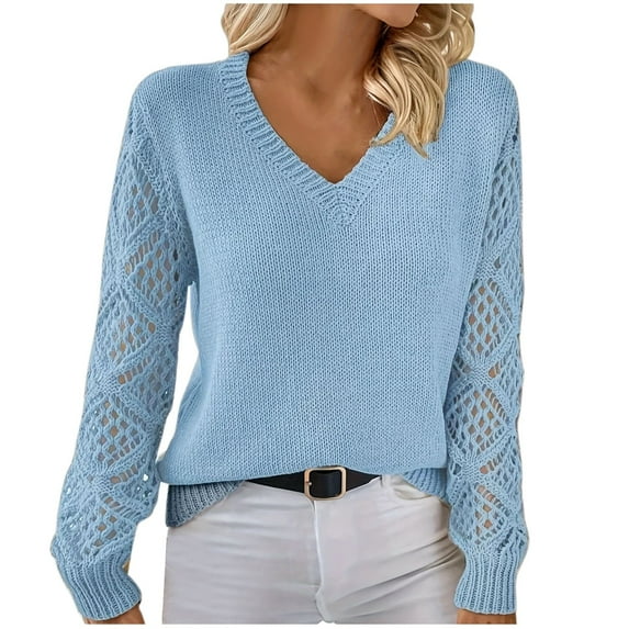 HAPIMO Women's Hollow Out Sweater V Neck Long Sleeve Knit Pullover Top Fall Fashion Fall Fashion Basic Tops Blue XL