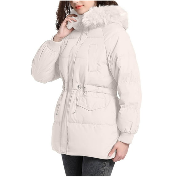 HAPIMO Women's Hooded Coat Fall Winter Warm Jacket Coat Long Sleeve Zip Up Jacket Solid Pockets Quilted Outerwear Casual Comfy Fashion Clothes White S