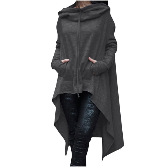 HAPIMO Women's Hooded Sweatshirt Loose Tops Pocket Short Front Long Back Long Sleeve Shirts Clothing Turtle Collar Girls Solid Drawstring Pullover Autumn Spring Dark Gray XL