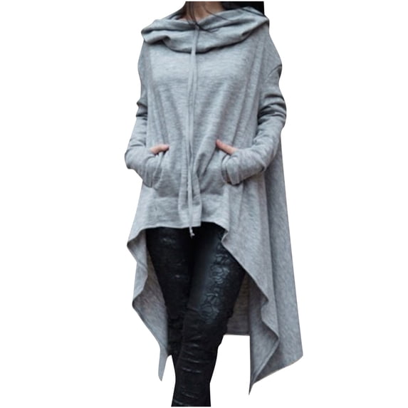 HAPIMO Women's Hooded Sweatshirt Loose Tops Pocket Short Front Long Back Long Sleeve Shirts Clothing Turtle Collar Girls Solid Drawstring Pullover Fashion Autumn Spring Gray L