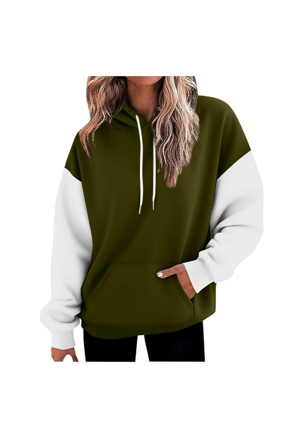 Women's Hoodies Relaxed Fit Long Sleeve Pullover Tops Fall Trendy Casual Hoodie Color Block Kangaroo Pocket Hooded Sweatshirts Army Green XL