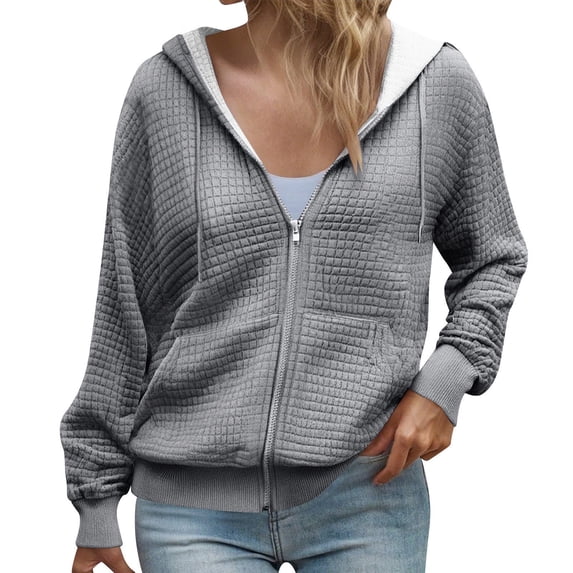 HAPIMO Women's Hoodies Solid Zip Up Sweatshirts Long Sleeve Tops Fashion Outfits Casual Waffle Hooded Jackets with Pockets Gray M