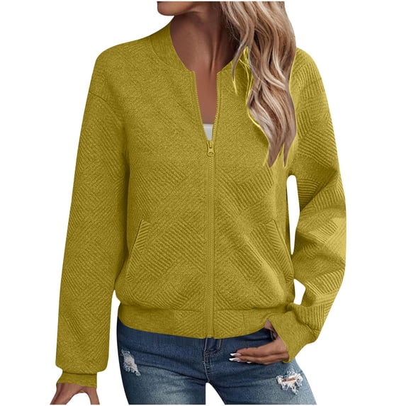 HAPIMO Women's Jacket Zip Up Long Sleeve Stand Collar Sweatshirts Casual Solid Pocket Knitted Textured Jacket Coat Fall Winter Trendy Outfits Yellow S