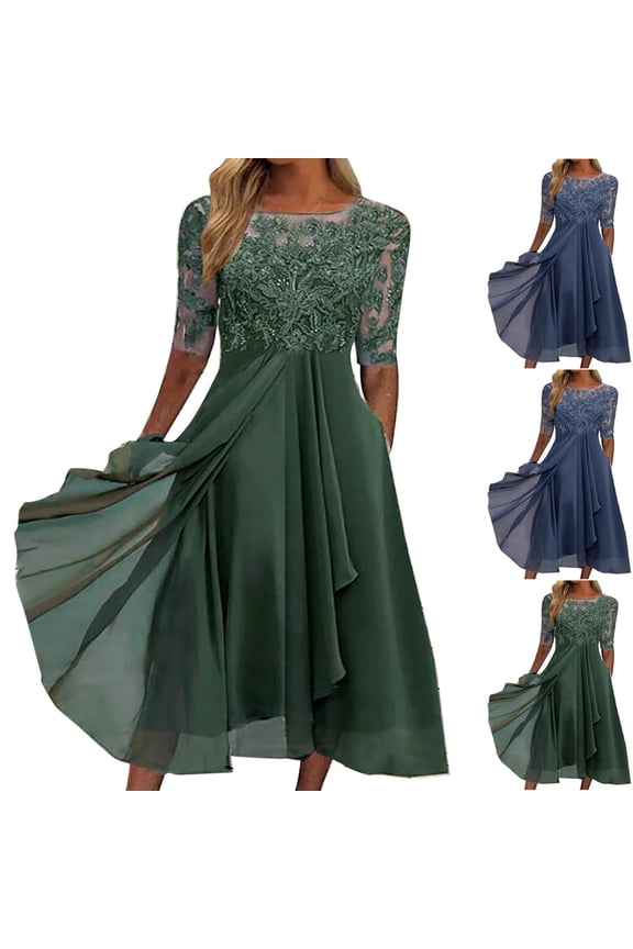 Women's Knee Length Chiffon Dress Solid Lace Crochet Splicing Vintage Holiday Half Sleeve Autumn Dresses Boho Boat Neck Elegant Casual Mesh Green S