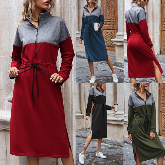 HAPIMO Women's Knee Length Cotton Dress Sale Colorblock Zipper Neck Autumn Dresses Long Sleeve Drawstring Empire Waist Trendy Holiday Winter Army Green S