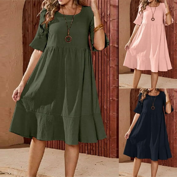 HAPIMO Women's Knee Length Cotton Linen Dress Solid Autumn Dresses Half Sleeve Round Neck Elegant Drop Waist Tiered Vintage Holiday Boho Navy S