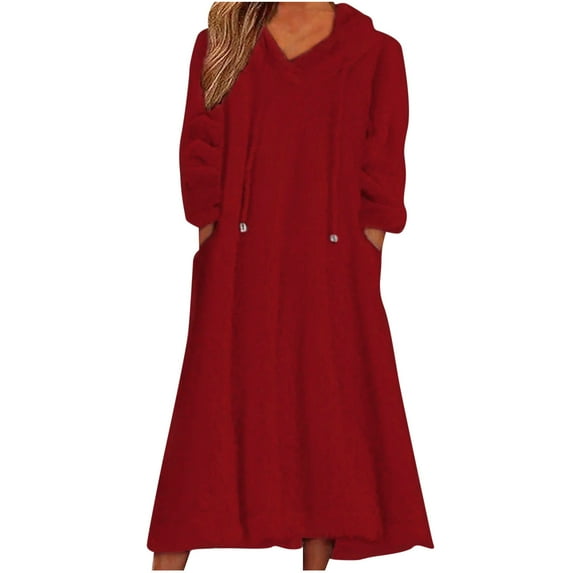 HAPIMO Women's Knee Length Hoodie Dress Long Sweatshirt Solid Color Clearance Long Sleeve Spring Crew Neck Elegant Casual Soft Fleece Trendy Red L