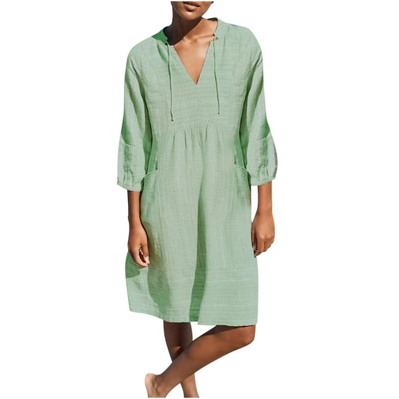 HAPIMO Women's Knee Length Loose Dress with Pocket Solid Color V Neck Drawstring Spring Elegant Casual Playwear 3/4 Sleeve Trendy Girls Green XXXL