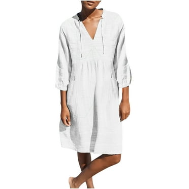 HAPIMO Women's Knee Length Loose Dress with Pocket Solid Color V Neck Drawstring Spring Elegant Casual Playwear Clearance 3/4 Sleeve Trendy Girls White XXXL