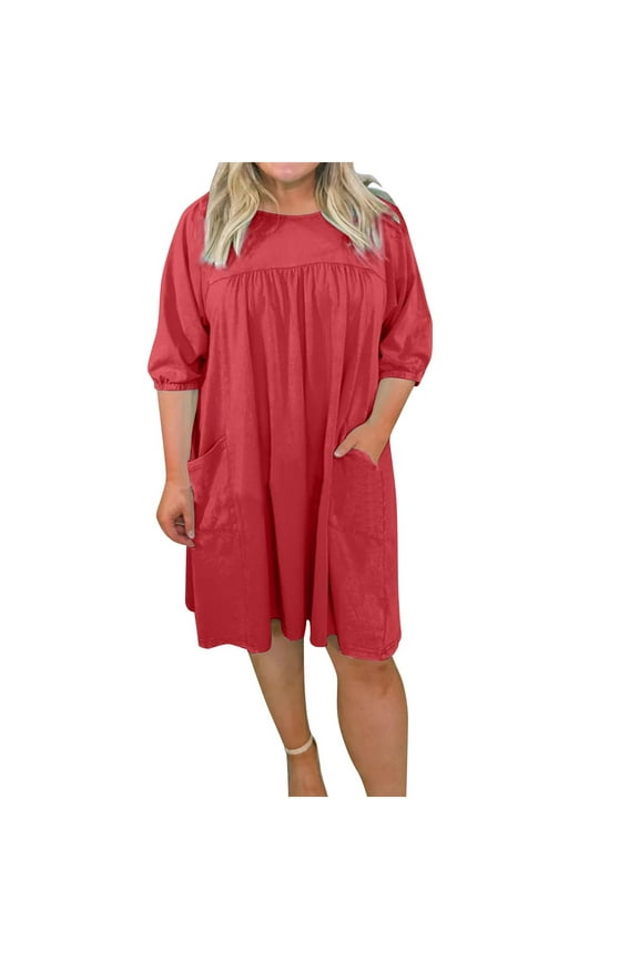 Women's Knee Length Loose Sundress Geometric Ethnic Print Tops Half Sleeve Clothing V Neck Elegant Casual Comfy Summer Dresses for Female Red L