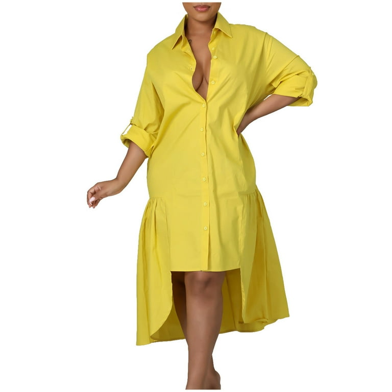 HAPIMO Women's Knee Length Shirt Dress Solid Color Long Sleeve