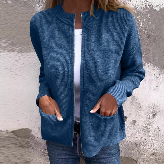 HAPIMO Women's Knitted Jacket Casual Comfy Stand Collar Sweater Solid Zip Up Jacket Coat Lightweight Fall Winter Ribbed Knit Sweater Navy S
