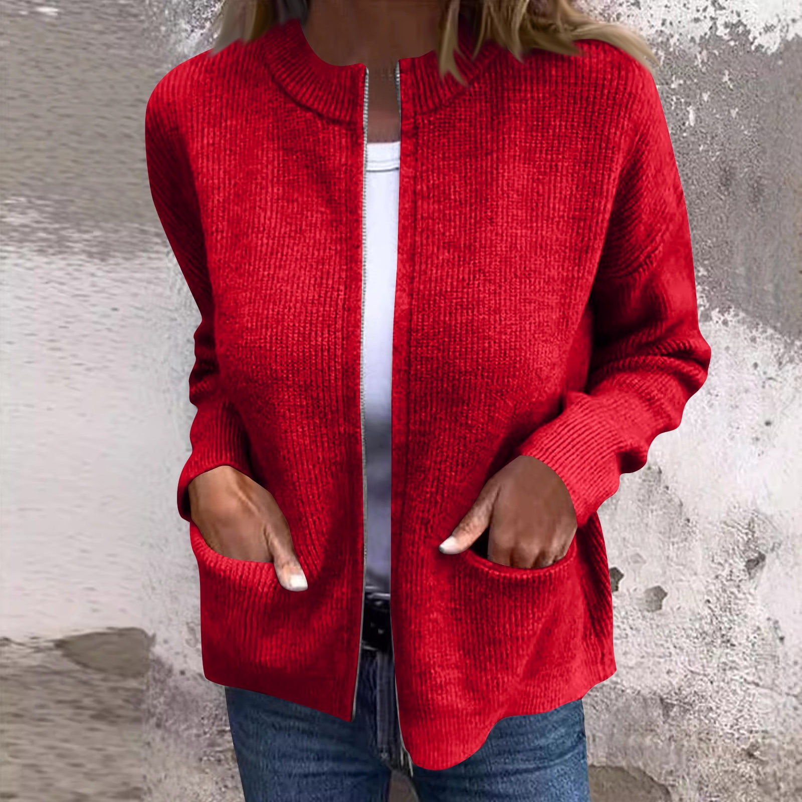 Women's Knitted Jacket Casual Comfy Stand Collar Sweater Solid Zip Up Jacket Coat Lightweight Fall Winter Ribbed Knit Sweater Red S