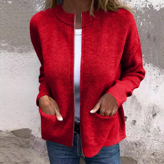 HAPIMO Women's Knitted Jacket Casual Comfy Stand Collar Sweater Solid Zip Up Jacket Coat Lightweight Fall Winter Ribbed Knit Sweater Red S