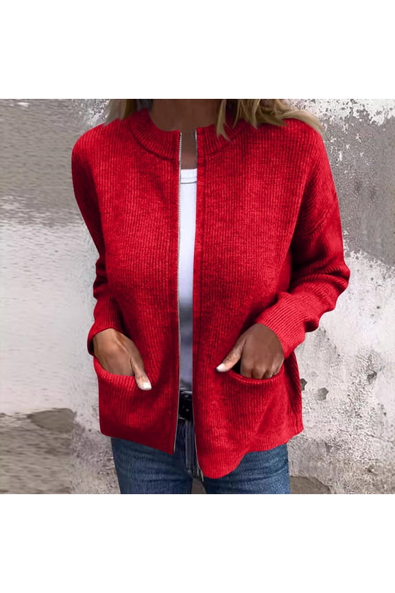 Women's Knitted Jacket Casual Comfy Stand Collar Sweater Solid Zip Up Jacket Coat Lightweight Fall Winter Ribbed Knit Sweater Red S