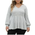 thumbnail image 1 of HAPIMO Women's Lantern Sleeve Tees Loose Babydolls Ribbed Plus Size Tops Fashion Regular Fitted Casual Ruffle Workout V Neck Shirts Fall Solid Color Blouses Gray L, 1 of 5