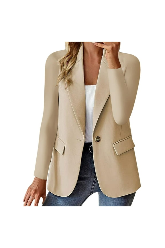 Women's Lapel Button Shackets Fall Loose Workout Business Jackets Long Sleeve Blazer Outwear Pockets Casual Lightweight Winter Outfits Fashion Coat Beige S
