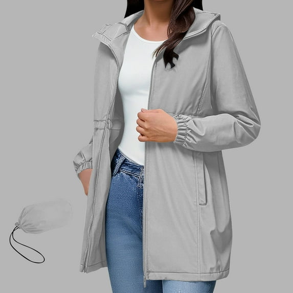 HAPIMO Women's Lightweight Rain Jacket Solid Zip Up Windbreaker Casual Long Sleeve Hooded Jacket Waterproof Raincoat with Storage Bag Gray L