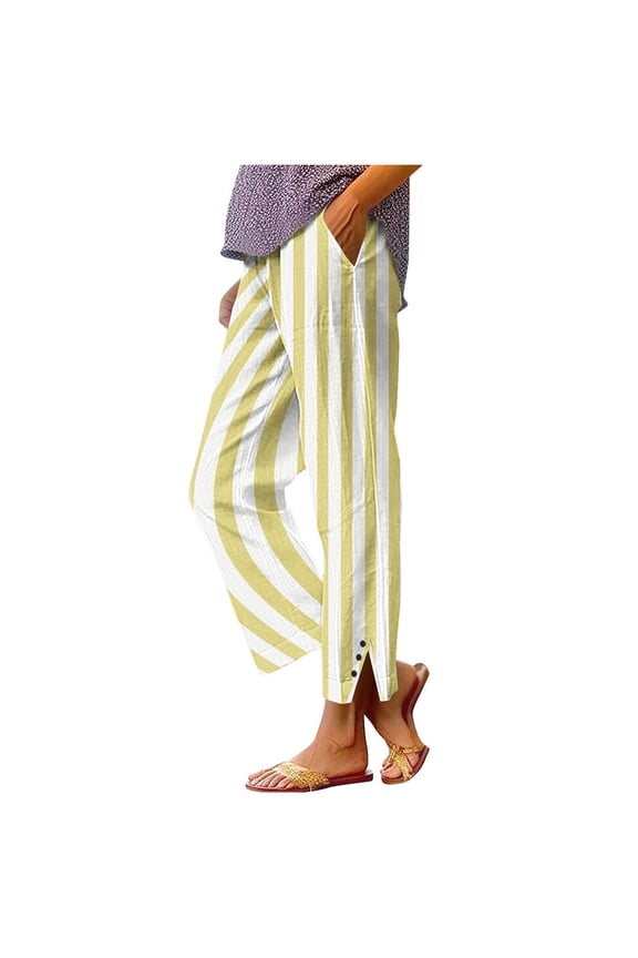 Women's Lightweight Summer Beach Pants Baggy Casual Trousers Side Split Straight Pants Color Block Elastic Waist Pants with Pockets Yellow S