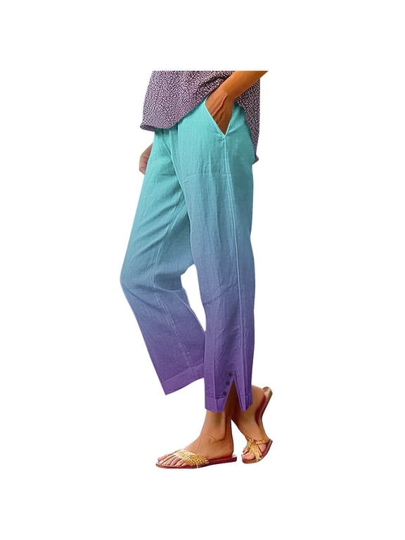 Women's Lightweight Summer Beach Pants Baggy Casual Trousers Side Split Straight Pants Gradient Color Elastic Waist Pants with Pockets Purple M