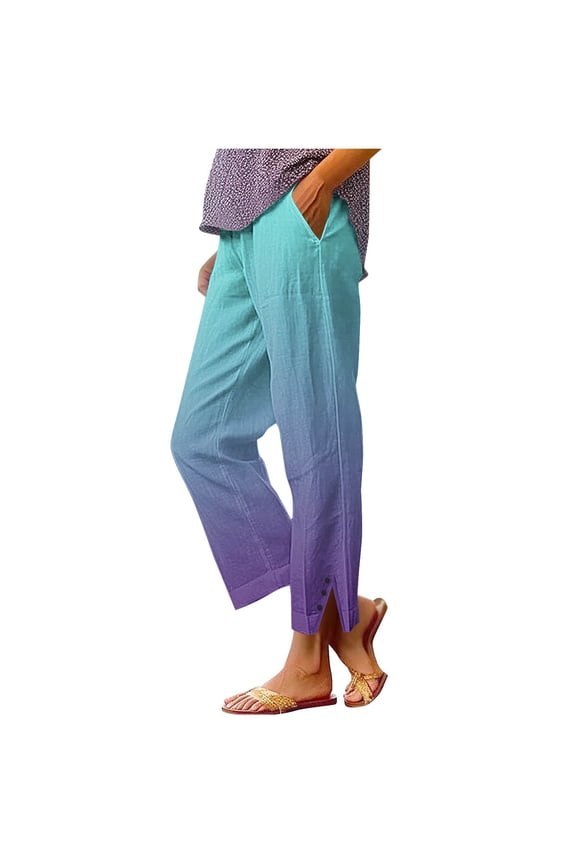 Women's Lightweight Summer Beach Pants Baggy Casual Trousers Side Split Straight Pants Gradient Color Elastic Waist Pants with Pockets Purple M