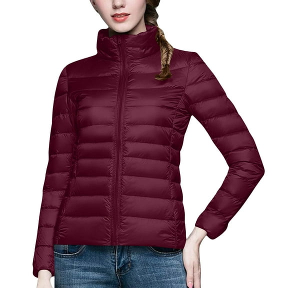 HAPIMO Women's Lightweight Winter Puffer Coat Warm Padded Coat Casual Comfy Stand Collar Jacket Coat Solid Zip Up Quilted Outerwear Wine XXXXL