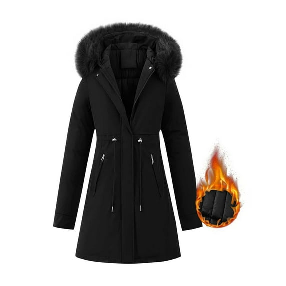 HAPIMO Women's Long Coat Long Sleeve Full Zip Jacket Fall Winter Warm Coat Solid Zip Pockets Outerwear Casual Comfy Fashion Coats with Removable Faux Fur Trim Hood Black L