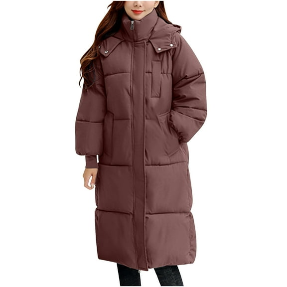 HAPIMO Women's Long Coat Winter Trendy Thickened Warm Jacket Coat Casual Comfy Long Sleeve Full Zip Hooded Jacket Solid Deep Pocket Outerwear Coffee L