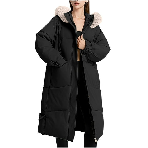 HAPIMO Women's Long Coats Winter Thickened Warm Coats Casual Comfy Long Sleeve Zip Up Hooded Jacket Solid Pocket Quilted Outerwear Black XXL