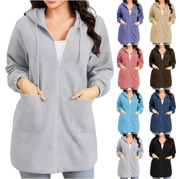 HAPIMO Women's Long Hoodies Oversize Long Sleeve Full Zip Hooded Sweatshirts Loose Casual Solid Pocket Workout Tops Fall Winter Clothes Khaki S