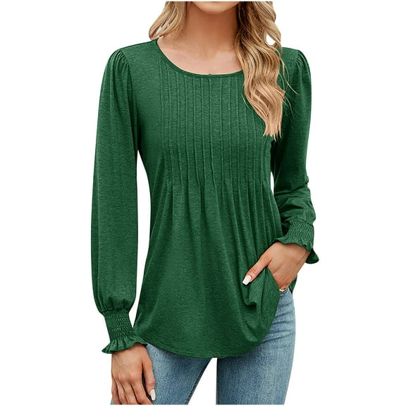 HAPIMO Women's Long Sleeve Business Tees Outfits Loose Shirts Vacation Workout Casual Elegant Fashion Round Neck Pleated Pullovers Tops Dressy Tunic Green XXL