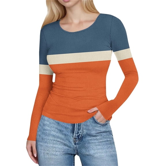 HAPIMO Women's Long Sleeve Crewneck Shirts Slim Fit Stretchy Slightly Cropped Tops Ribbed Color Block Blouses Casual Daily Basic Tops Orange L