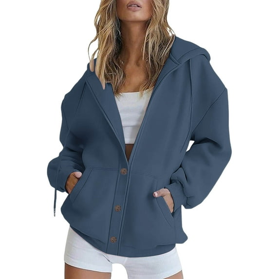 HAPIMO Women's Long Sleeve Hooded Sweatshirts Casual V Neck Three Button Hooded Jacket Lightweight Solid Pocket Coat Fall Winter Trendy Clothes Blue M
