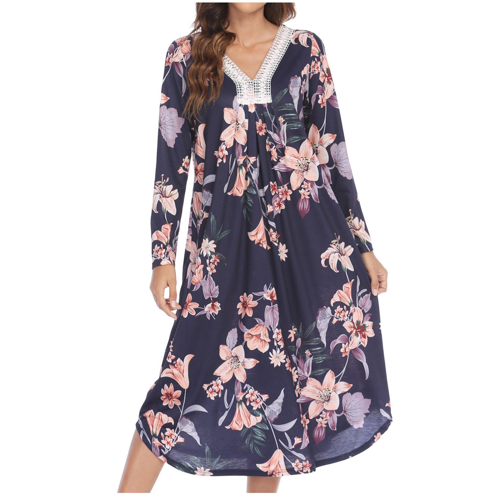 HAPIMO Women's Long Sleeve Lace Crochet Spring Tea Length A Line Dress